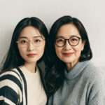 Asian mother and daughter wearing glasses, smiling together indoors, representing different age groups for laser eye surgery considerations