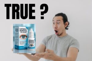 Man looking surprised while holding a box of cataract removal eye drops, questioning if the product’s claims are true