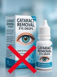 Cataract removal eye drops with a red cross symbol, illustrating that eye drops cannot cure or remove cataracts.